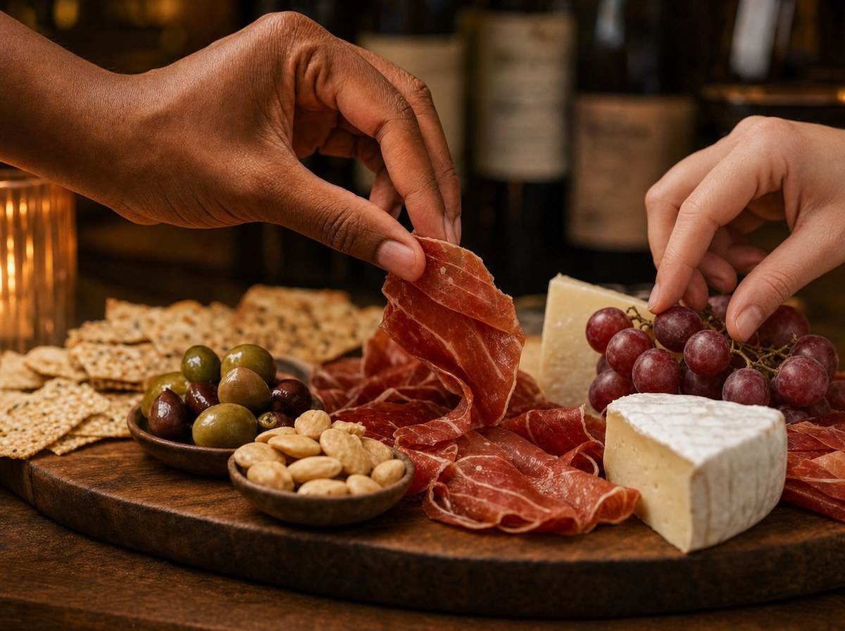 A hand selecting a piece of cured meat from an elegantly arranged charcuterie board with grapes, olives, almonds, and cheese
