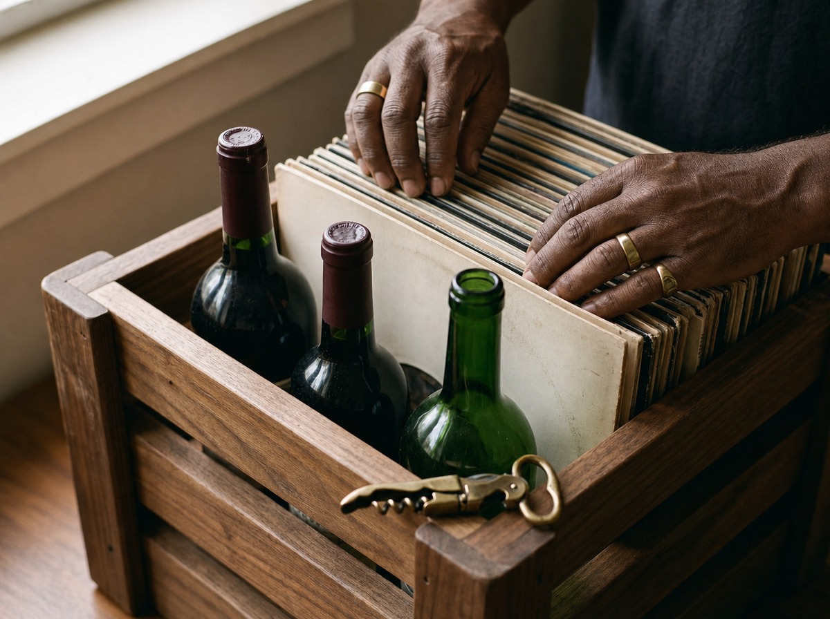 Hands flipping through a wooden crate of vinyl records with wine bottles tucked inside