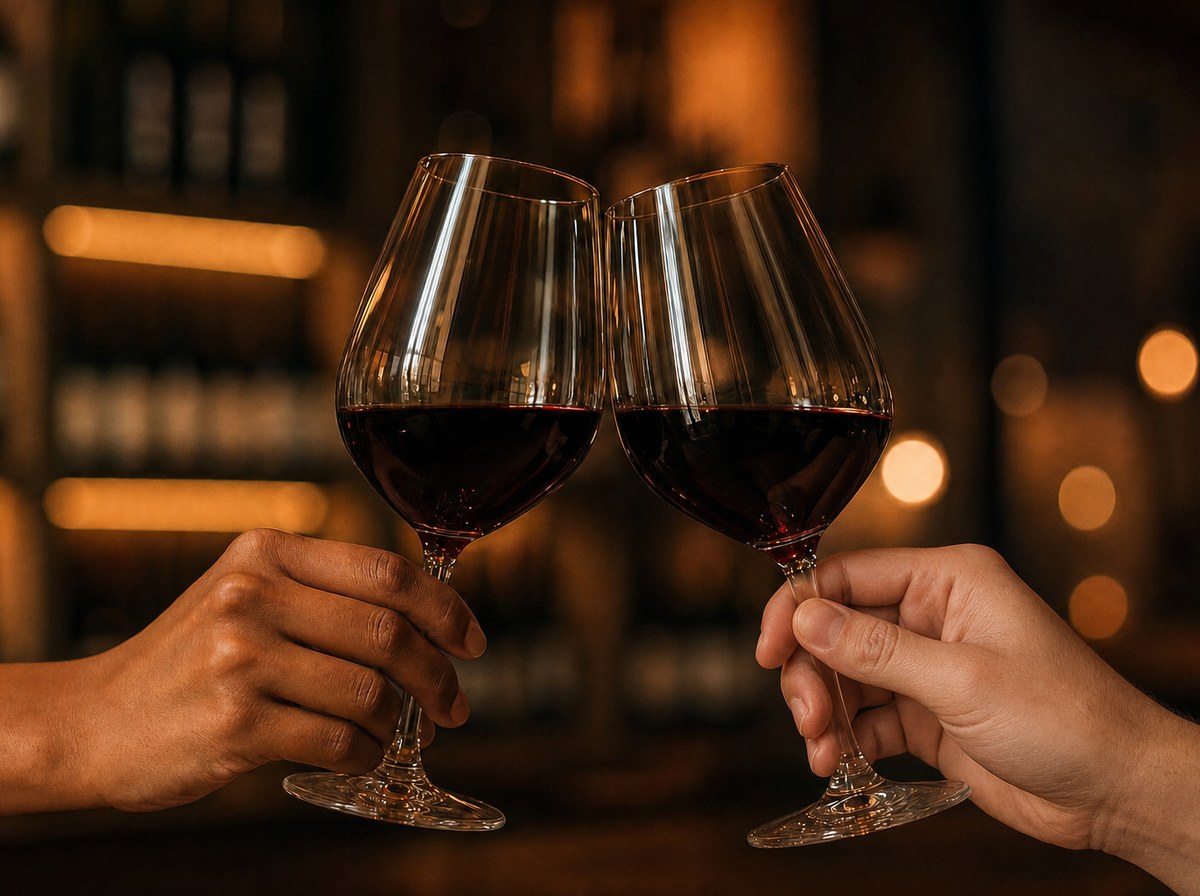 Two hands clinking wine glasses together in a warm, dimly lit lounge